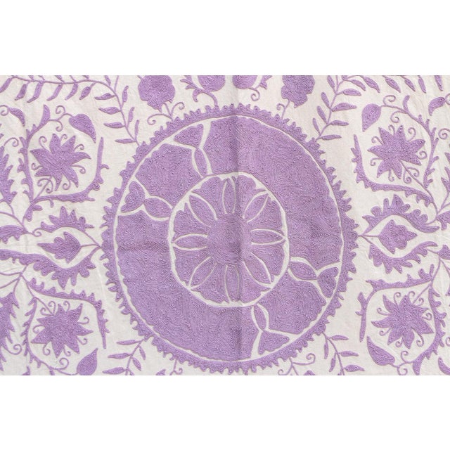 Boho Chic Lavender Pomegranate Hand-Embroidered Suzani Throw For Sale - Image 3 of 9