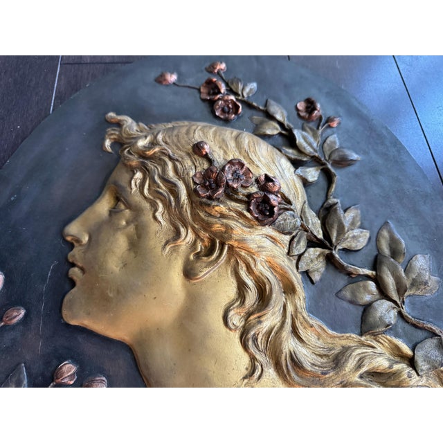 Mid 20th Century Pair of Oval Art Nouveau Gilt Metal Bas Relief Figure Bust Cameo Wall Plaques 23"x17" For Sale In Philadelphia - Image 6 of 10