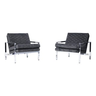 Mid 20th Century Milo Baughman Chrome Frame Lounge Chairs in Deep Charcoal Velvet, Attributed For Sale