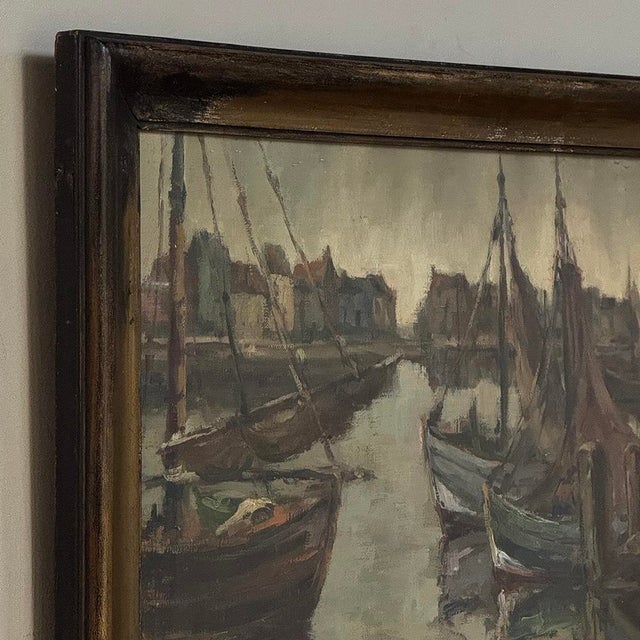 Antique Framed Oil Painting on Canvas by A. Sengier (1886-1964) 'Sailboats at the Quay' For Sale - Image 14 of 16