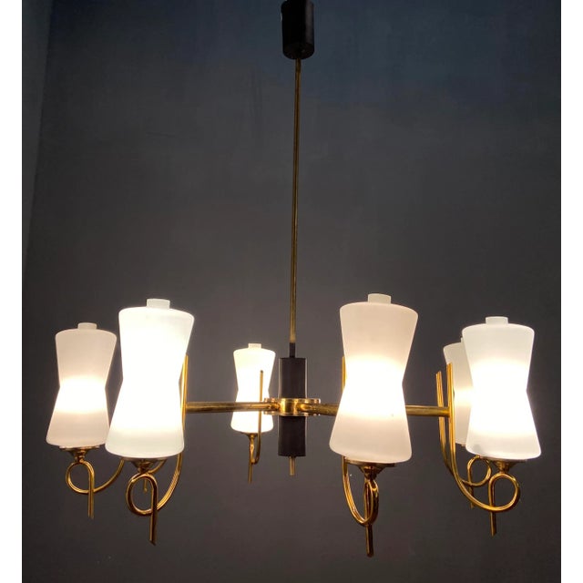 Large Brass Chandelier with Opaline Glass Shades from Stilnovo, 1950s For Sale - Image 10 of 11