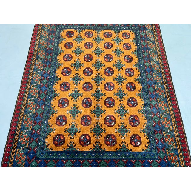 Golden Ochre Mori Gul Tribal Area Rug With Geometric Borders, 4'10