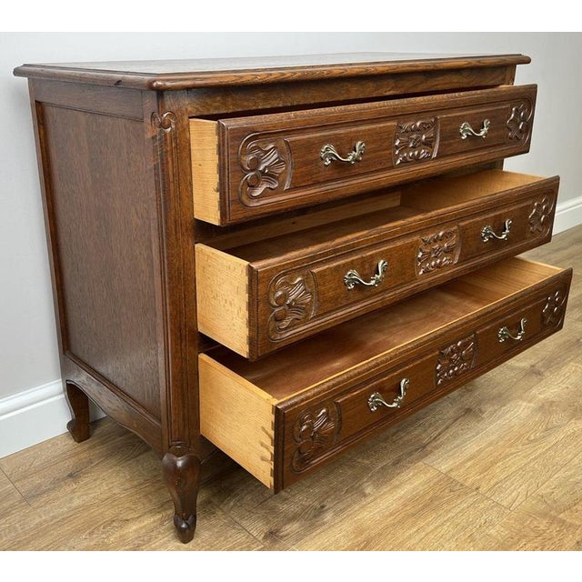 Vintage French Louis XVI Style Carved Oak Chest of Drawers For Sale - Image 11 of 14