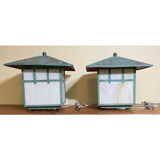 Stunning Pair of Artisan Copper & Slag Glass Mission/Arts & Crafts Table Lamps For Sale - Image 10 of 18
