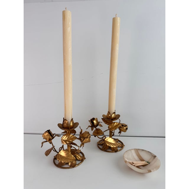 Italian Tole Gilt Rose Candleholders, a Pair For Sale - Image 4 of 9