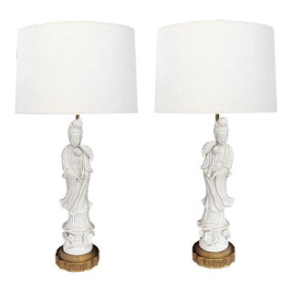 Pair of 1920s Chinese Porcelain Blanc De Chine Figural Lamps of the Goddess GuanYin For Sale