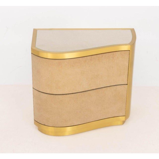 Koket "Poem" Nightstand, two drawers with glass top, golden polka dot leather wrapped top above two drawers with gold-tone...