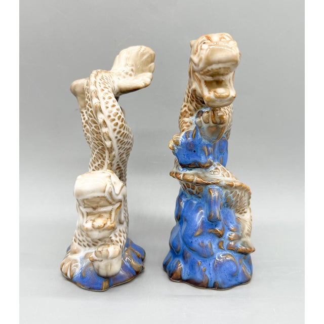 Bunny Williams Home Pair of Vintage Ceramic Asian Style Dragons on Cobalt Blue Waves – Sculptural Figurines - Chinoiserie, Mid Century Modern Eclectic, Hollywood Regency For Sale - Image 4 of 13
