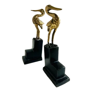 Art Deco Style Brass Storks on Blackened Brass/Bronze Bases Decorative Object or Bookends- a Pair