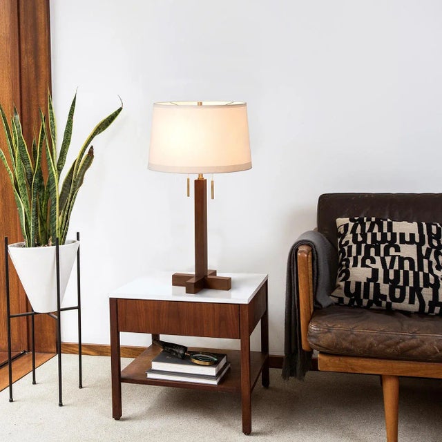 Swiss Cross Table Lamp - Dark Walnut Wood Finish, Weathered Brass, White Linen Shade For Sale - Image 4 of 12