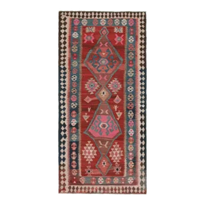1950s Vintage Shahsavan Persian Kilim in Red, Blue & Pink Patterns by Rug & Kilim