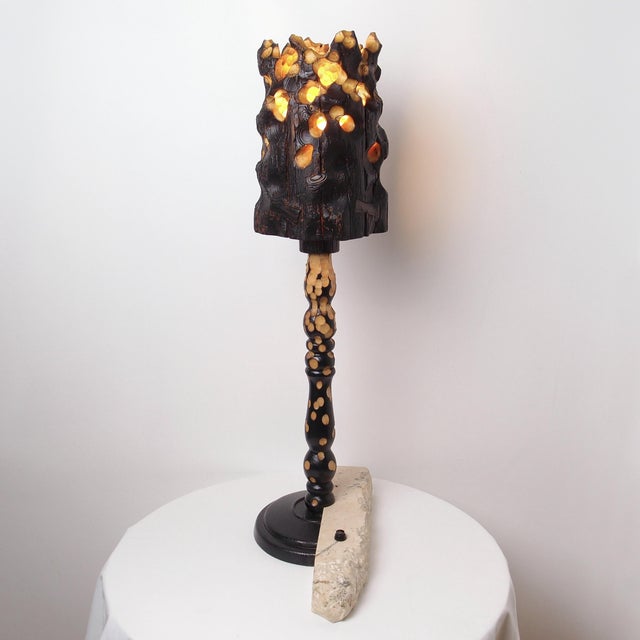Torch Lamp - Sculptural Wood and Limestone Table Lamp by Gabor Gobi For Sale - Image 10 of 11