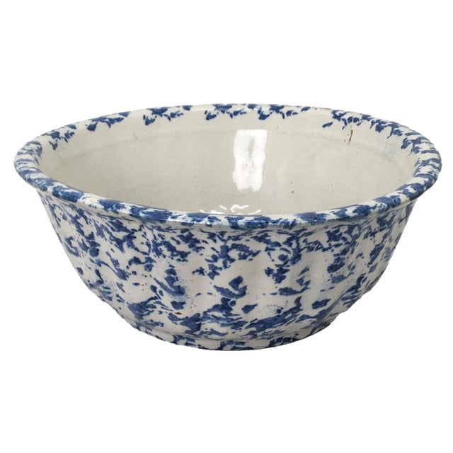 American Large 11 1/2 Inch Size Antique American Blue Spongeware Decorated Stoneware Kitchen Mixing Bowl For Sale - Image 3 of 13