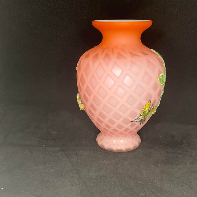 Antique Victorian Pink Satin Art Glass Vase Coralene Floral Bee Butterfly 6” For Sale In Birmingham - Image 6 of 10