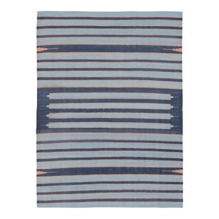Rug & Kilim’s Indian Dhurrie Rug in Blue and Brown Geometric Stripes For Sale