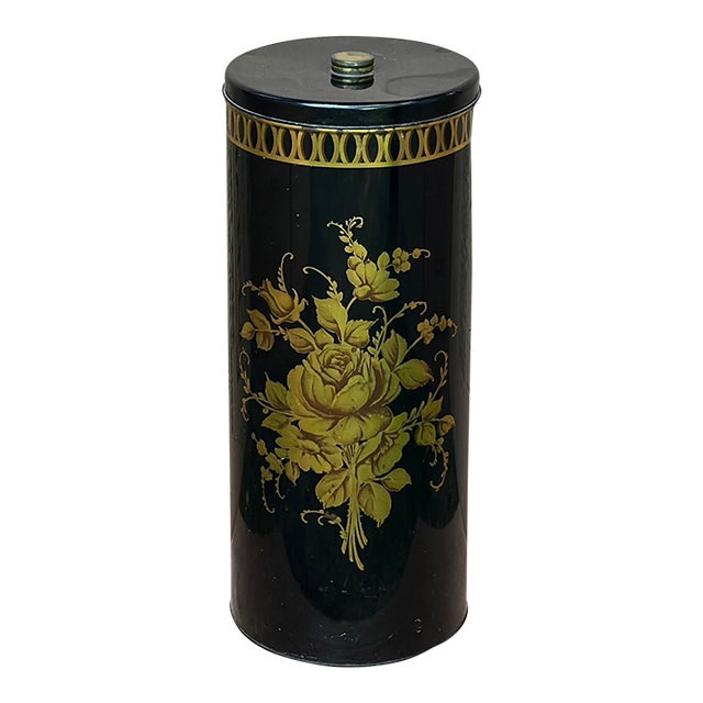 Vintage Hollywood Regency Black & Gold Floral Decoware Small Metal Hamper With Lid For Sale