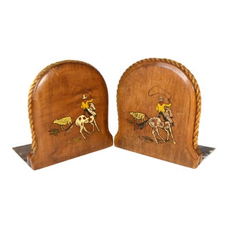 Vintage Handmade Hand Painted Cowboys Wooden Bookends - a Pair For Sale