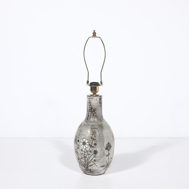 Mid-Century Modern Mid-Century Gray Glazed Ceramic Table Lamp With Floral Motifs by Paul Quéré For Sale - Image 3 of 14