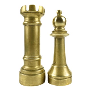 Mid-Century Gold Brass Rook and Pawn Chess Game Figurine Models - 2 Pieces For Sale