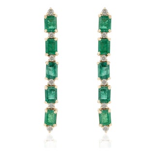 1.87ct Octagon Emerald & Diamond Linear Dangle Earrings in 14k Yellow Gold- A Pair For Sale