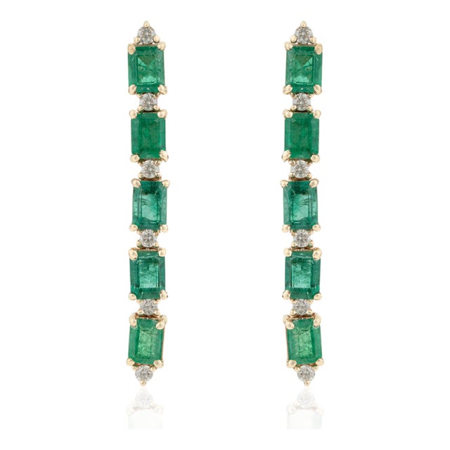 1.87ct Octagon Emerald & Diamond Linear Dangle Earrings in 14k Yellow Gold- A Pair For Sale