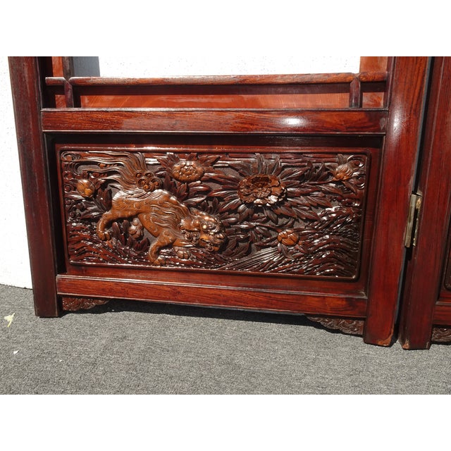 Brown Antique Japanese Shibayama Style Two Panel Folding Screen Intricate Carved Doors For Sale - Image 8 of 18