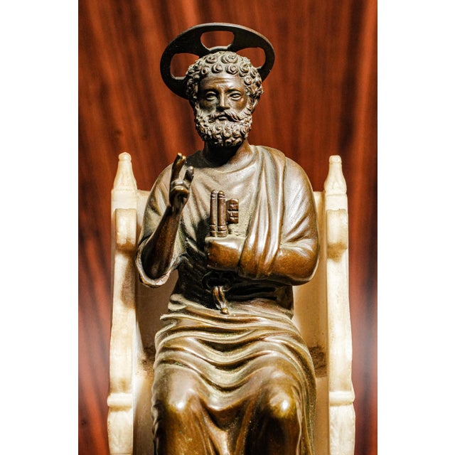 Victorian Exceptional Large Antique Grand Tour Bronze St. Peter Marble Statue Sculpture Home Decor For Sale - Image 3 of 15