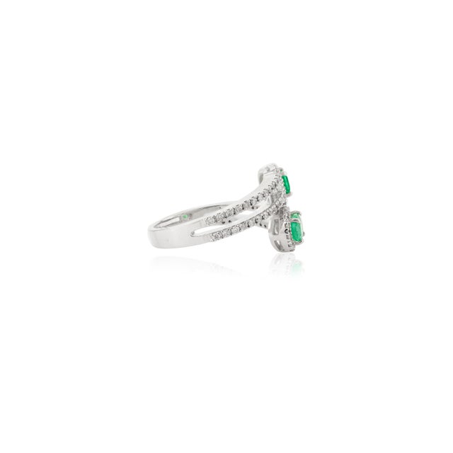 Metal Two Stone Emerald & Chunky Diamonds Bypass Ring Size 7 For Sale - Image 7 of 12