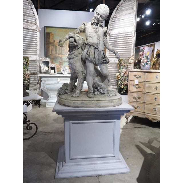 Signed Antique French Plaster Sculpture, a Renaissance Boy and His Dog, C. 1880 For Sale - Image 4 of 18