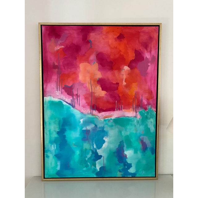 Original abstract painting by Jennifer Hopkins-Wilcox with gold floating frame. Beautiful colors and dichotomy.
