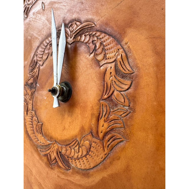 Wood 1960's Hexagon Wood & Tooled Leather Wall Clocks – Working Pair For Sale - Image 7 of 16