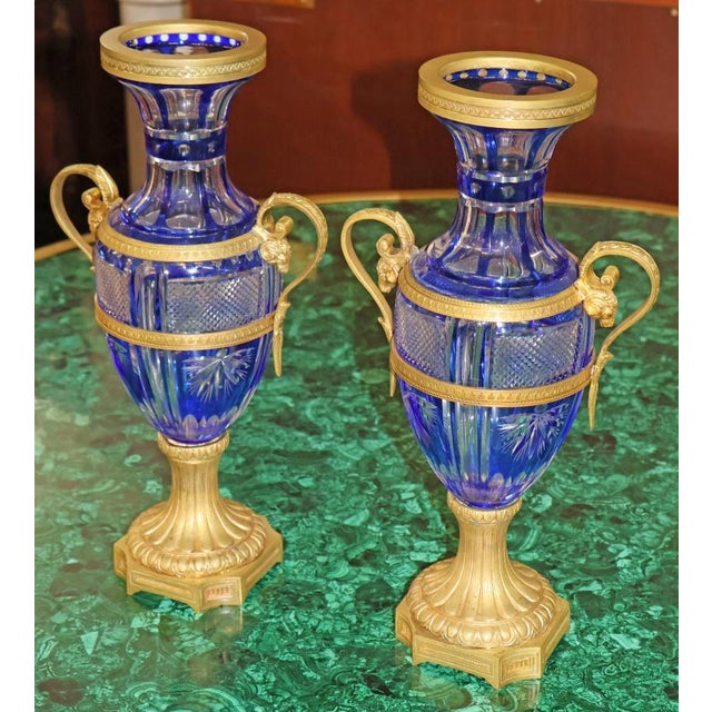 Neoclassical Pair of Late 19th Century Neoclassical Russian Bronze & Cut Cobalt Glass Vases For Sale - Image 3 of 17