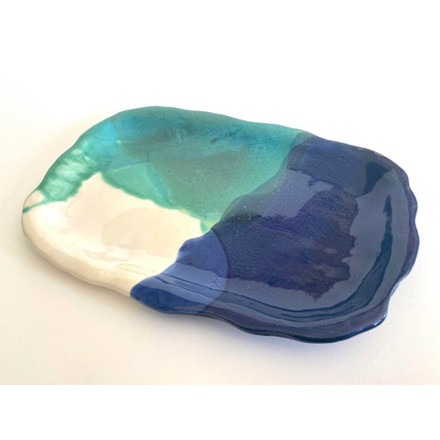Contemporary Contemporary Organic Modernist Vintage 1997 Studio Pottery Drip Glaze Colorblock Artisan Ceramic Serving Platter For Sale - Image 3 of 13