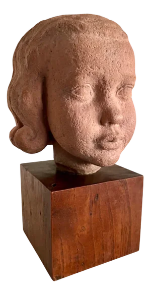 Albert André Aebly, Portrait of a Young Girl, 1940s, Ceramic with Rosewood Base