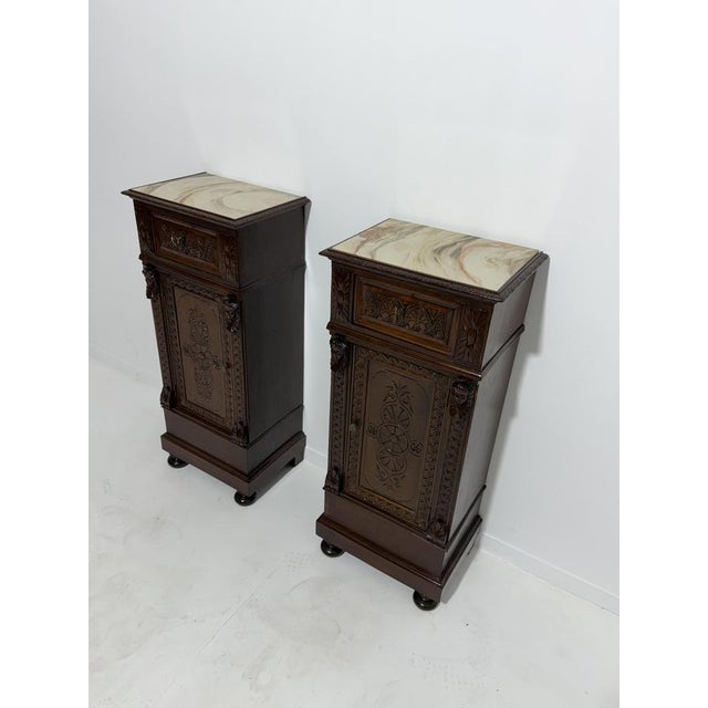 Sicilian Hand-Carved Bedside Tables with Marble Tops, 1940, Set of 2 For Sale - Image 11 of 18