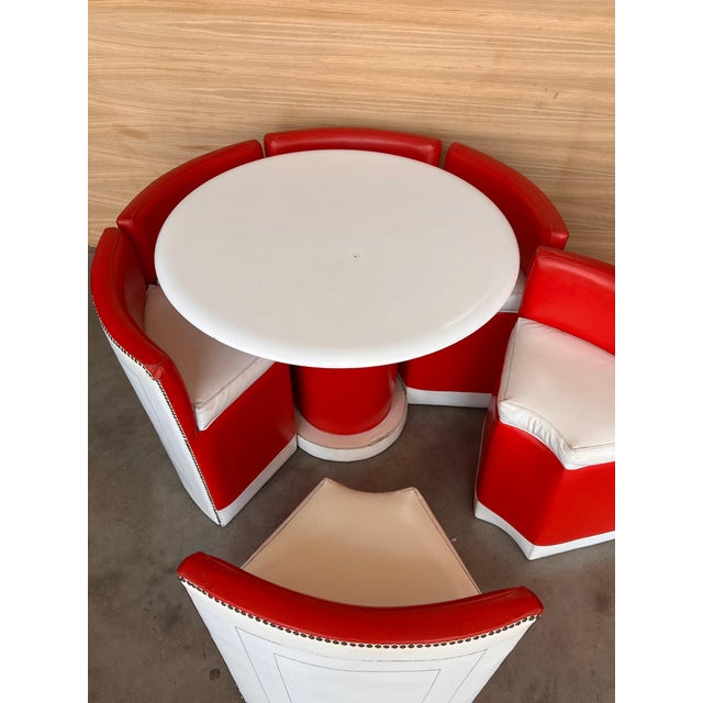 Set of Vintage Round table with Six Chairs in Red and White Leather For Sale - Image 4 of 18