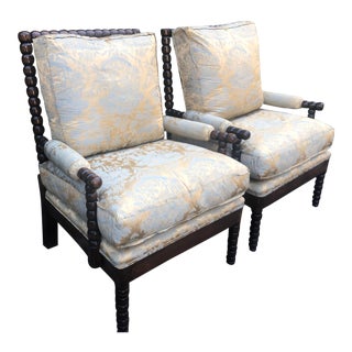 Nancy Corzine Chinoiserie Silk Damask Spindle Club Chairs - a Pair For Sale