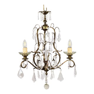 Circa 1930 French Bronze & Crystal Three Arm Chandelier For Sale