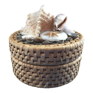 Vintage Shell Adorned Lidded Basket For Sale