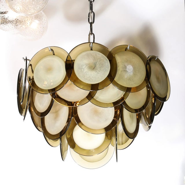 2020s Modernist Four Tier Smoked Topaz Disc Murano Glass Chandelier W/ Chrome Fittings For Sale - Image 5 of 12