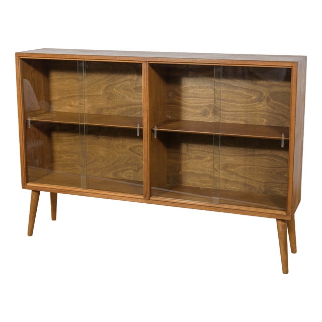 Mid-Century Modern Oak Display Cabinet with Sliding Glass Doors, 1970s For Sale