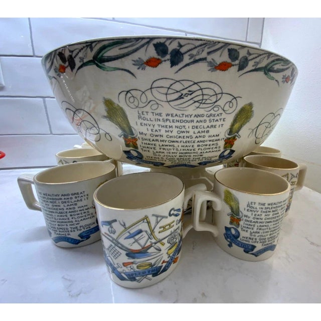 Ceramic Late 19th Century Burgess & Leigh Farmers Arms 12" Punch Bowl, 8 cups , God Speed The Plough For Sale - Image 7 of 18