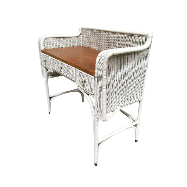 1940s 1940s Shabby Chic White Wicker Mahogany Top Writing Secretary Desk W/ Chair For Sale - Image 5 of 14