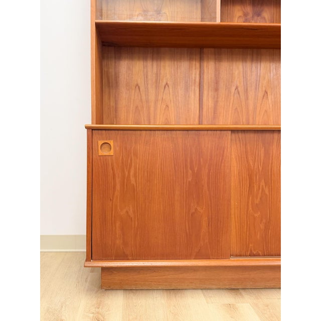 Mid 20th Century MCM Teak 2 Piece China Cabinet Sliding Doors Shelves Vintage Buffet Storage For Sale - Image 5 of 17