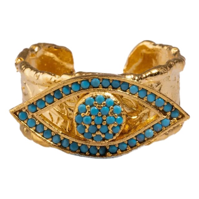 Turquoise Evil Eye Design Gold Adjustable Statement Ring, Size 4 For Sale
