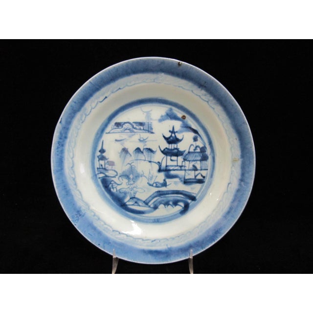 Ceramic Antique Chinese Canton Blue Export Village Scene Porcelain Soup Bowl 8 3/4" Set For Sale - Image 7 of 9