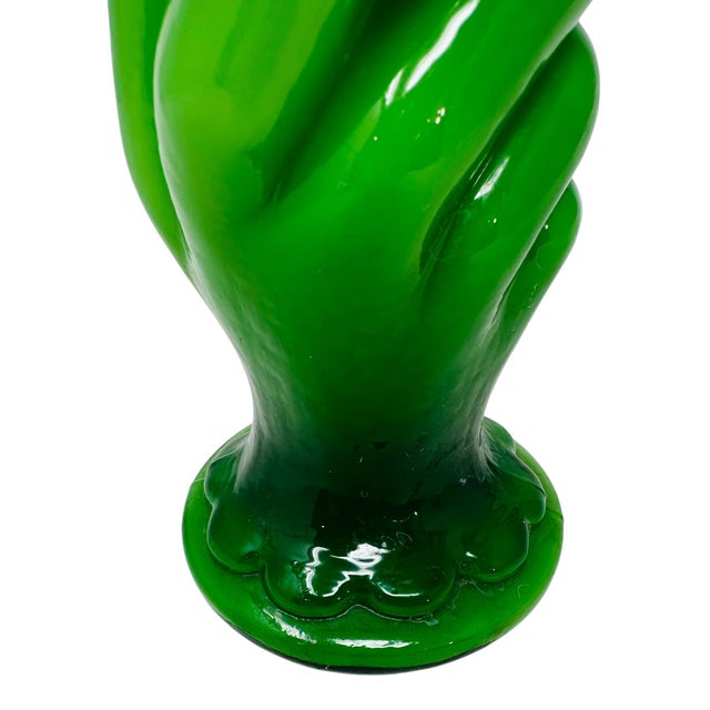 Glass Vintage 1970s Green Art Glass Hand Vase | Mid Century Modern Emerald Green Overlay | Ruffled Scalloped Rim Bud Vase MCM Home Decor For Sale - Image 7 of 9