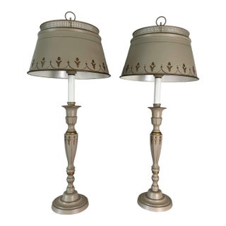 Mid 20th Century Pair of Vintage Off White Bouillotte-Style Tole Lamps For Sale