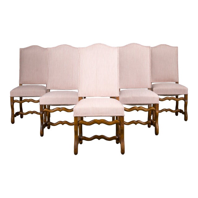 Antique French Louis XIII Style Os De Mouton Oak Dining Chairs W/ Striped Blush Pink Chenille- Set o For Sale