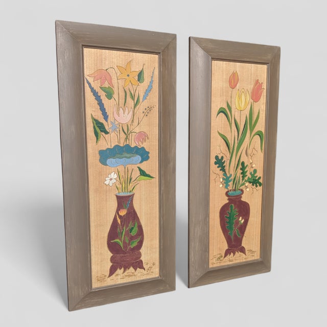 Vintage Handcrafted Folk Art Botanical Floral Framed Wall Panels- A Pair For Sale In Charlotte - Image 6 of 12